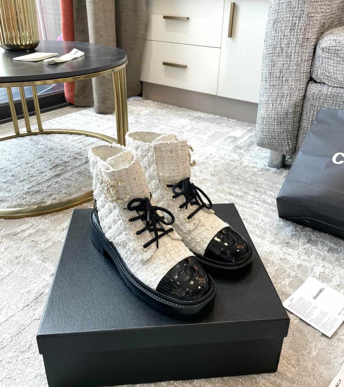 Ch*nel Combat Ankle Tweed Boots - White/Black - MYCUTIETHING